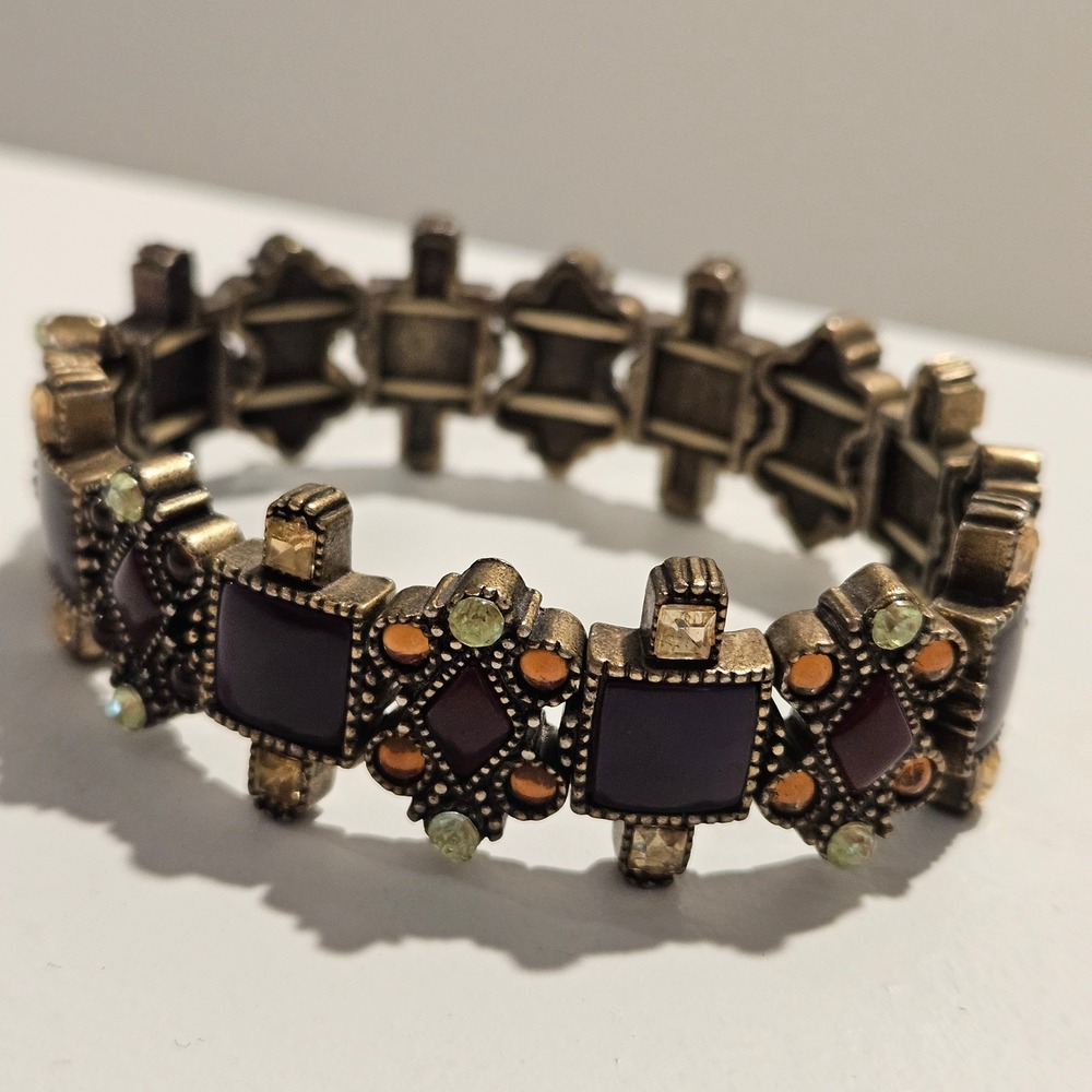 Vintage Liz Claiborne Bracelet Purple Gold Tone Stretch Ornate Boho Statement